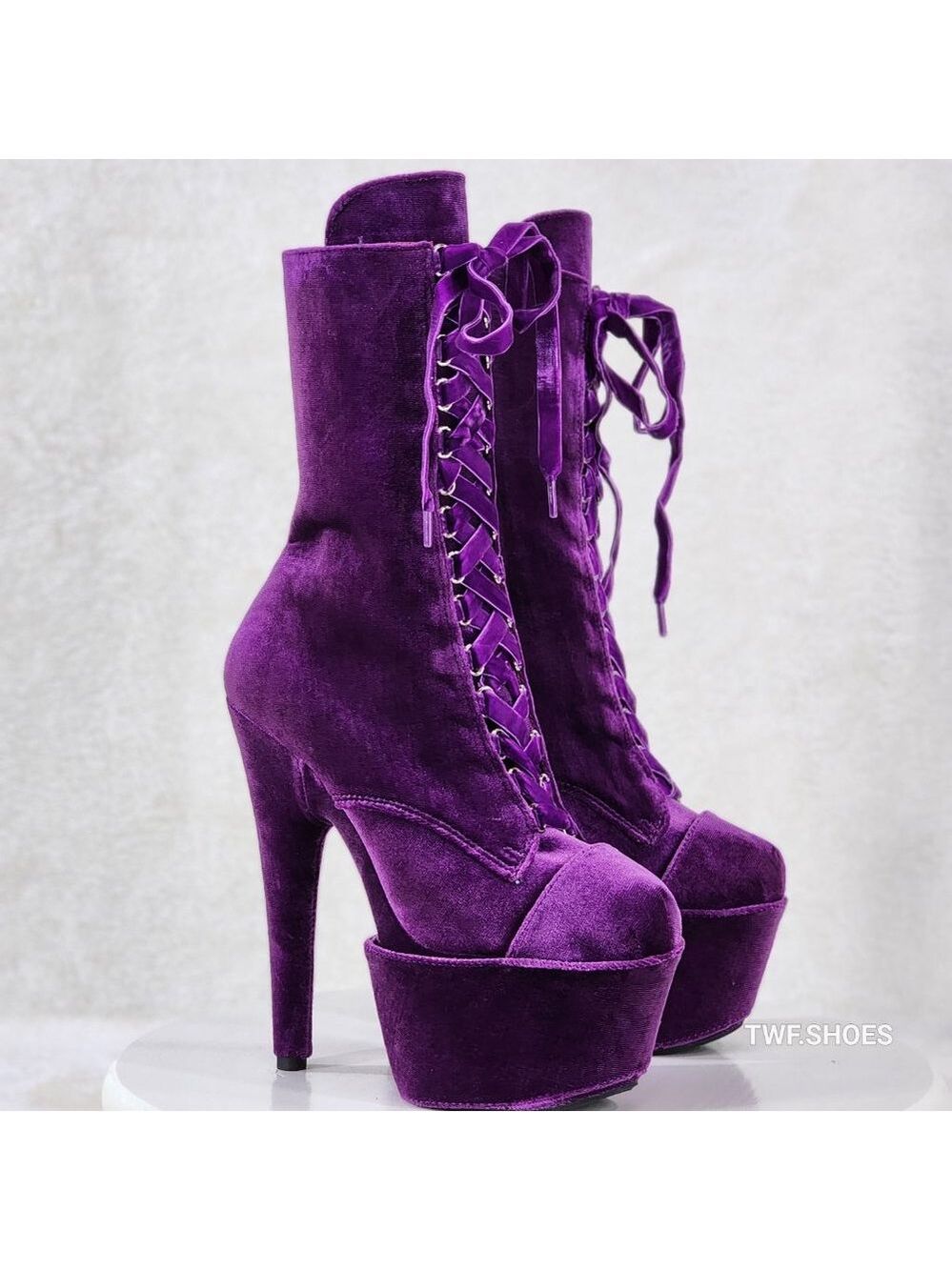 1020 Purple Velvet 7" High Heel Platform Ankle Boots With Boot Protectors - Picture 8 of 8